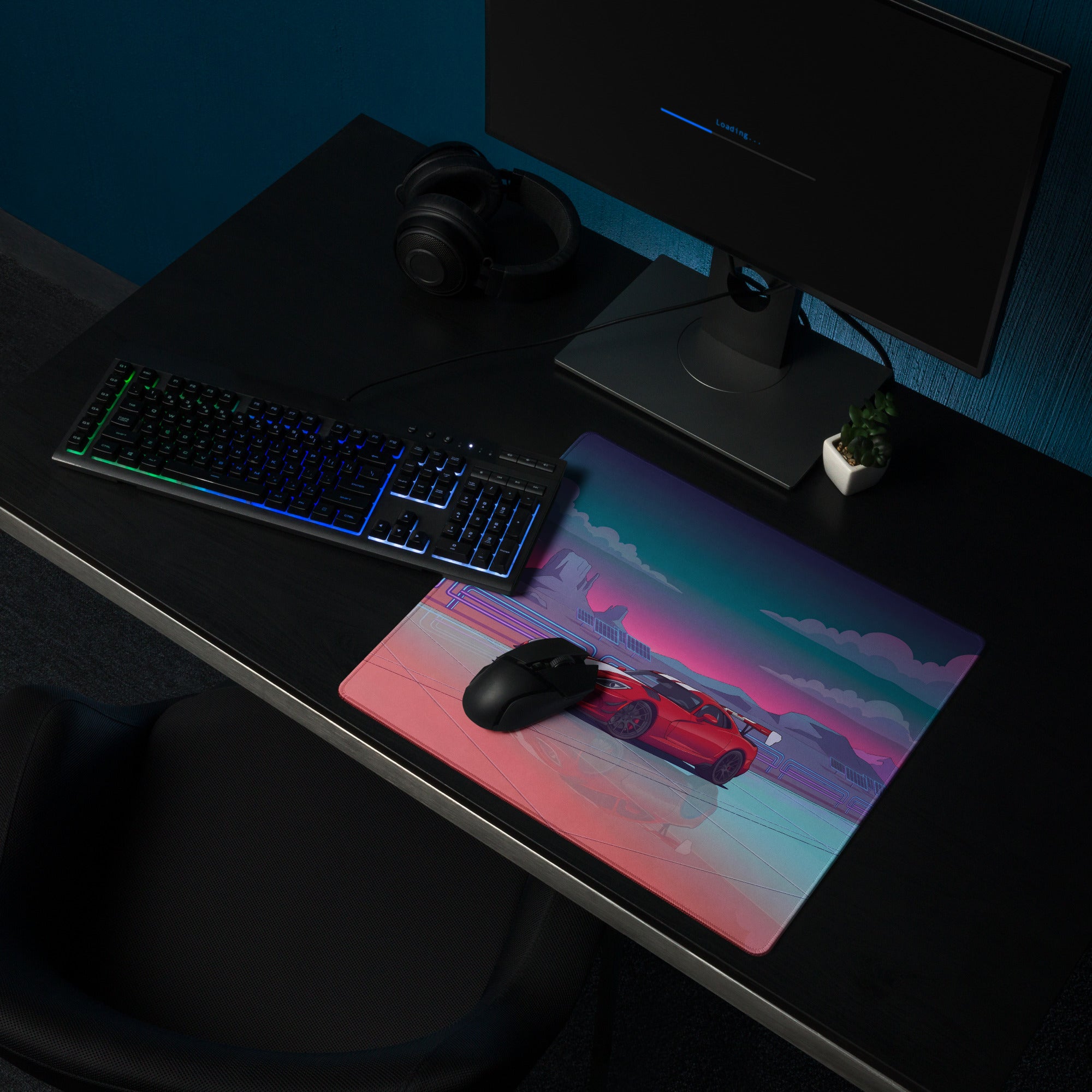 Dodge Viper ACR Inspired Red White Vaporwave Gaming Mouse Pad – Neon Desert Raceway Desk Mat, Retro Futuristic Supercar Sunset Digital Art