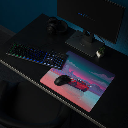 Dodge Viper ACR Inspired Red White Vaporwave Gaming Mouse Pad – Neon Desert Raceway Desk Mat, Retro Futuristic Supercar Sunset Digital Art