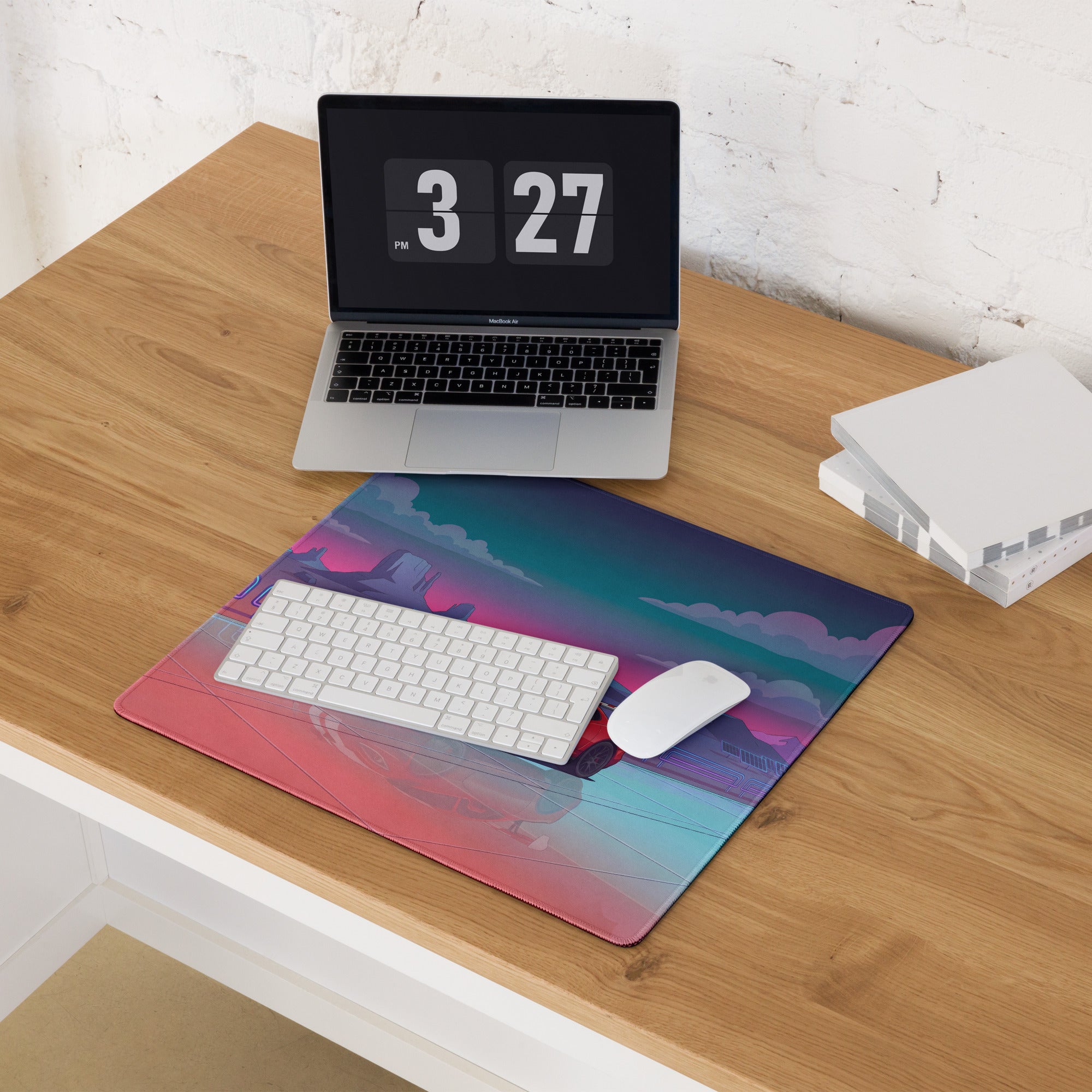 Dodge Viper ACR Inspired Red White Vaporwave Gaming Mouse Pad – Neon Desert Raceway Desk Mat, Retro Futuristic Supercar Sunset Digital Art