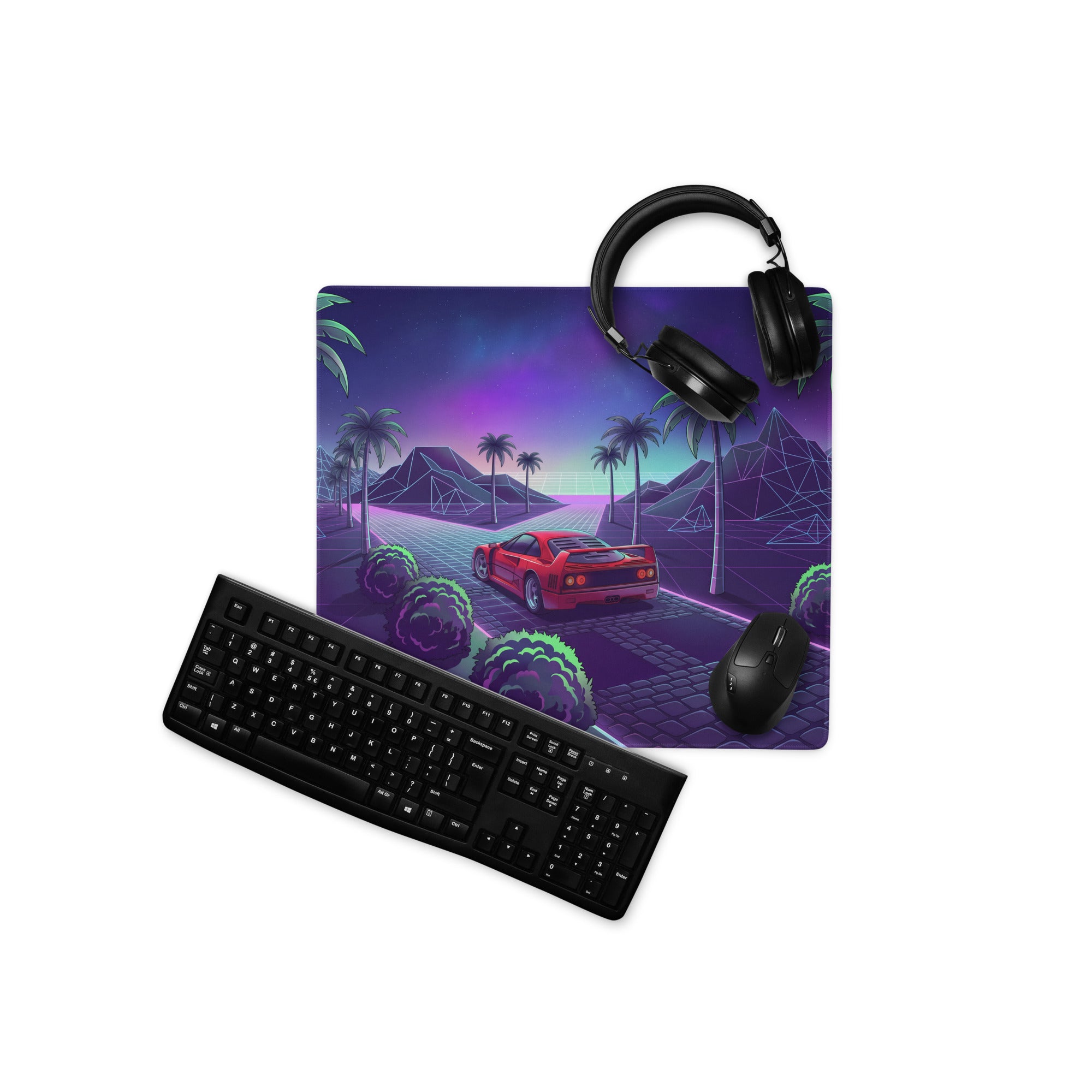 Ferrari F40 Inspired Red Purple Vaporwave Gaming Mouse Pad – Neon Palm Grid Highway Desk Mat, Retro Futuristic Supercar Landscape Digital Art