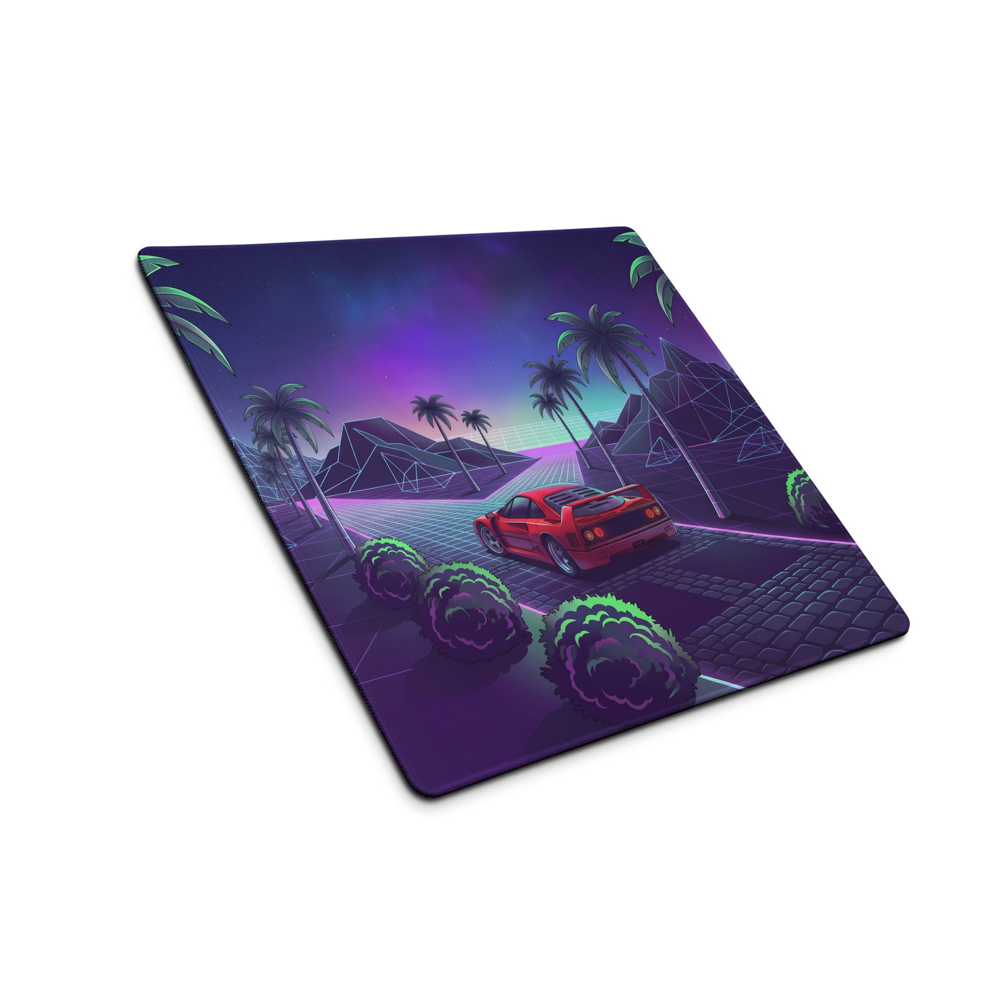 Ferrari F40 Inspired Red Purple Vaporwave Gaming Mouse Pad – Neon Palm Grid Highway Desk Mat, Retro Futuristic Supercar Landscape Digital Art