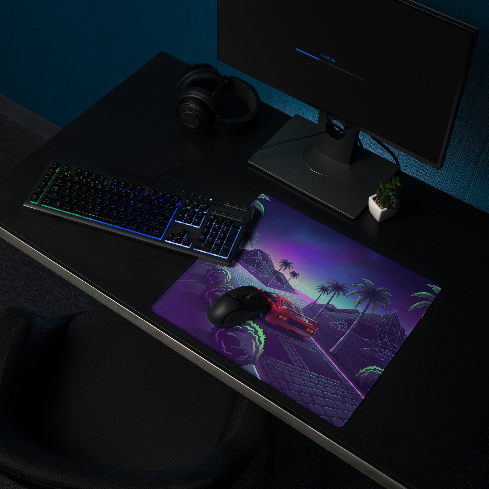 Ferrari F40 Inspired Red Purple Vaporwave Gaming Mouse Pad – Neon Palm Grid Highway Desk Mat, Retro Futuristic Supercar Landscape Digital Art