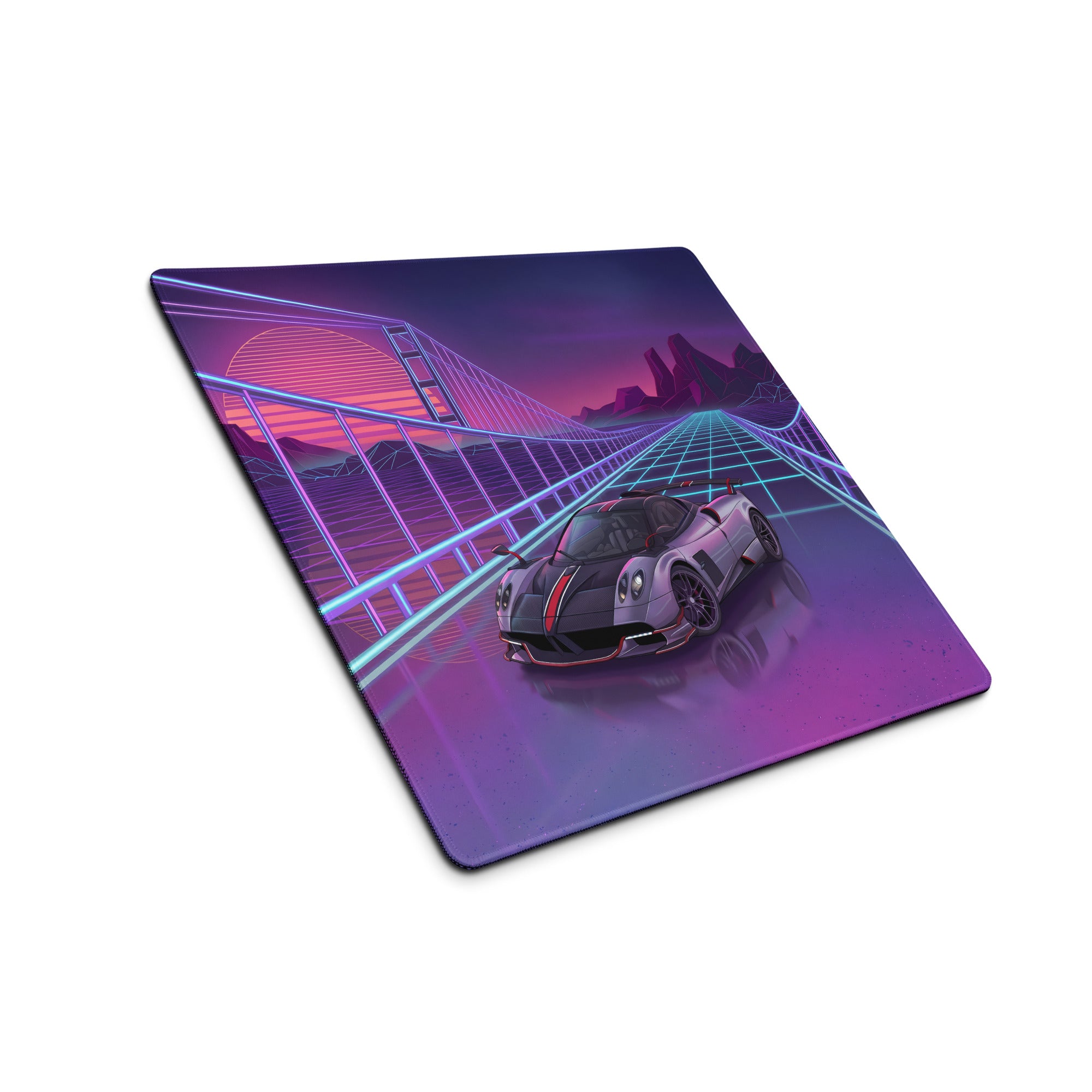 Pagani Huayra BC Roadster Inspired Silver Purple Vaporwave Gaming Mouse Pad – Neon Grid Bridge Desk Mat, Retro Futuristic Hypercar Sunset Digital Art