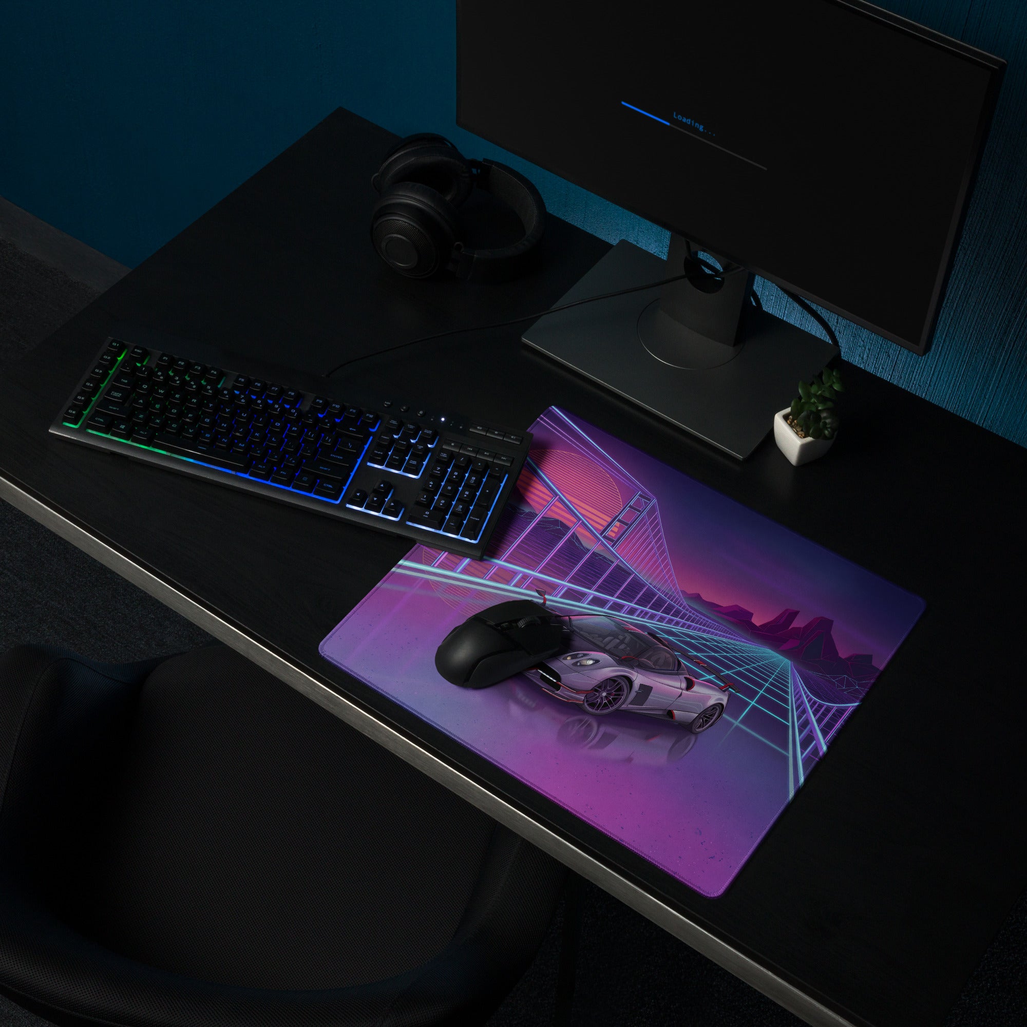 Pagani Huayra BC Roadster Inspired Silver Purple Vaporwave Gaming Mouse Pad – Neon Grid Bridge Desk Mat, Retro Futuristic Hypercar Sunset Digital Art