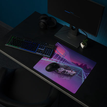 Pagani Huayra BC Roadster Inspired Silver Purple Vaporwave Gaming Mouse Pad – Neon Grid Bridge Desk Mat, Retro Futuristic Hypercar Sunset Digital Art