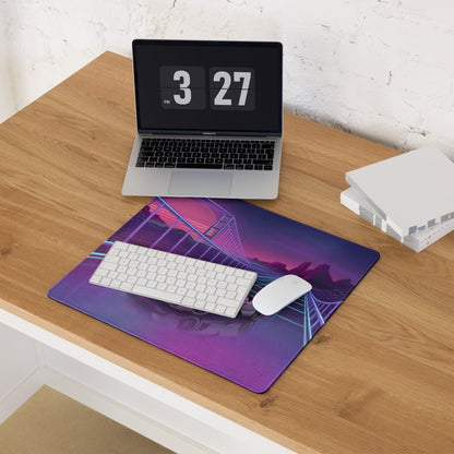 Pagani Huayra BC Roadster Inspired Silver Purple Vaporwave Gaming Mouse Pad – Neon Grid Bridge Desk Mat, Retro Futuristic Hypercar Sunset Digital Art