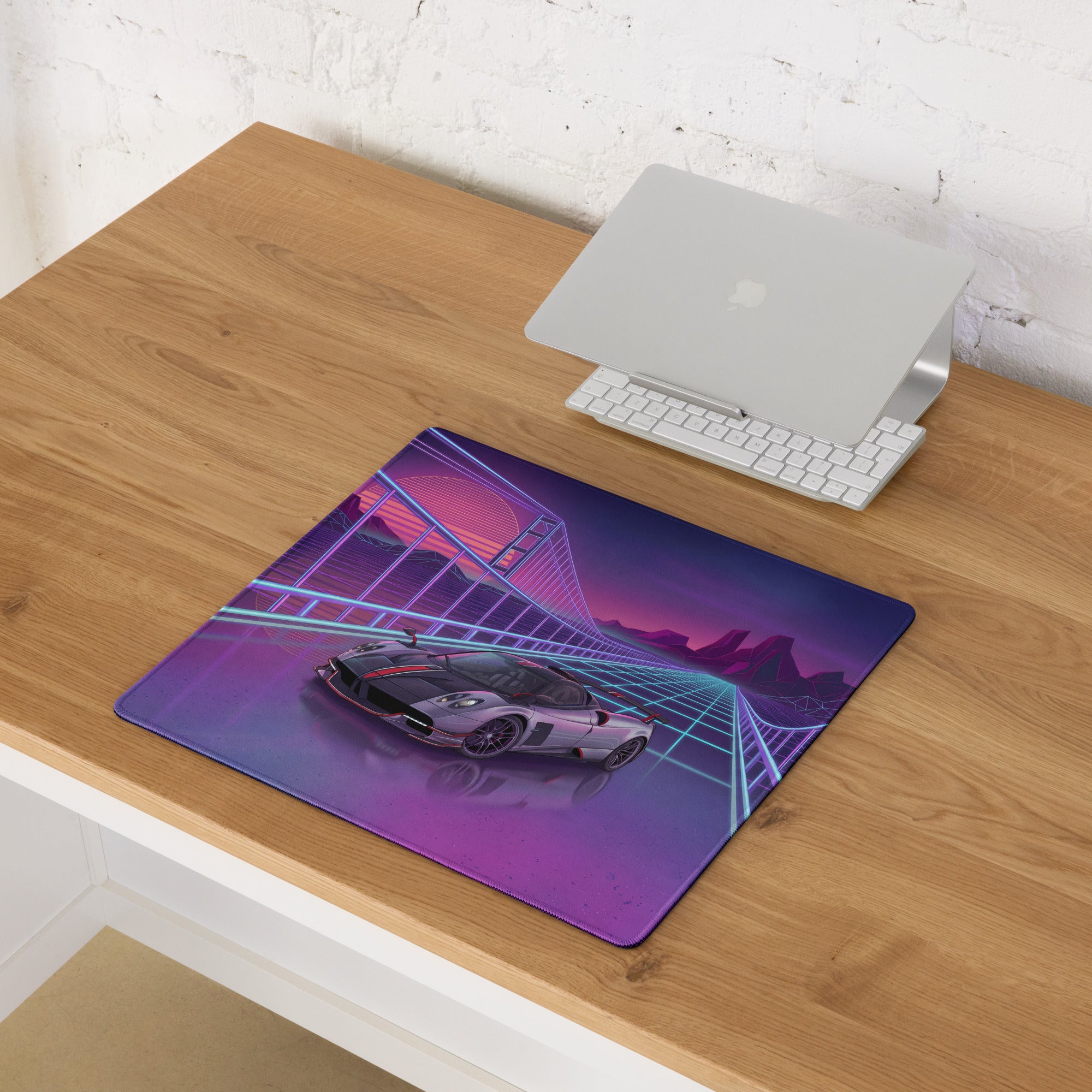 Pagani Huayra BC Roadster Inspired Silver Purple Vaporwave Gaming Mouse Pad – Neon Grid Bridge Desk Mat, Retro Futuristic Hypercar Sunset Digital Art