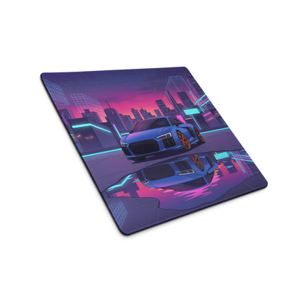 Audi R8 V10 Inspired Blue Purple Vaporwave Gaming Mouse Pad – Neon Cyber City Desk Mat, Retro Futuristic Supercar Reflection Digital Art