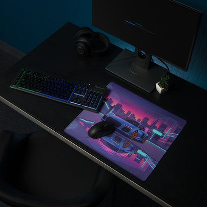 Audi R8 V10 Inspired Blue Purple Vaporwave Gaming Mouse Pad – Neon Cyber City Desk Mat, Retro Futuristic Supercar Reflection Digital Art