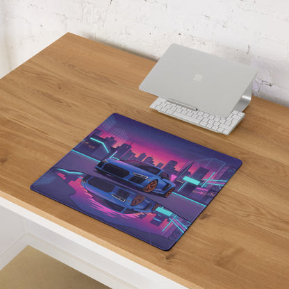 Audi R8 V10 Inspired Blue Purple Vaporwave Gaming Mouse Pad – Neon Cyber City Desk Mat, Retro Futuristic Supercar Reflection Digital Art