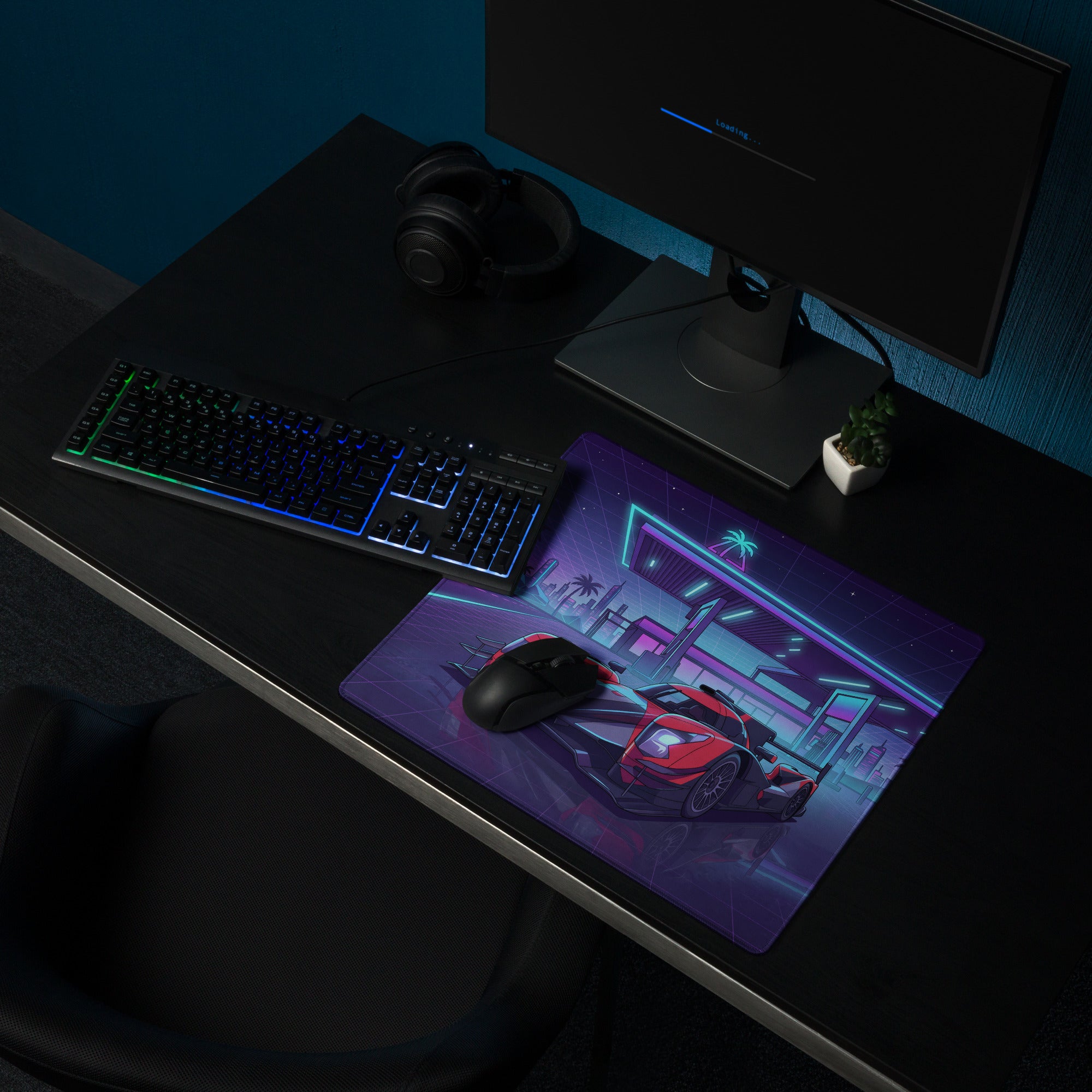 Cadillac V-Series.R Inspired Red Black Vaporwave Gaming Mouse Pad – Neon Retro Gas Station Desk Mat, Futuristic Le Mans Hypercar Digital Art