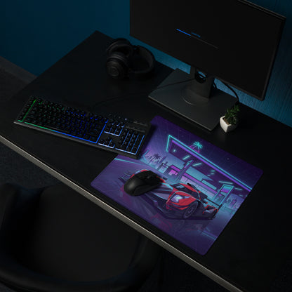 Cadillac V-Series.R Inspired Red Black Vaporwave Gaming Mouse Pad – Neon Retro Gas Station Desk Mat, Futuristic Le Mans Hypercar Digital Art