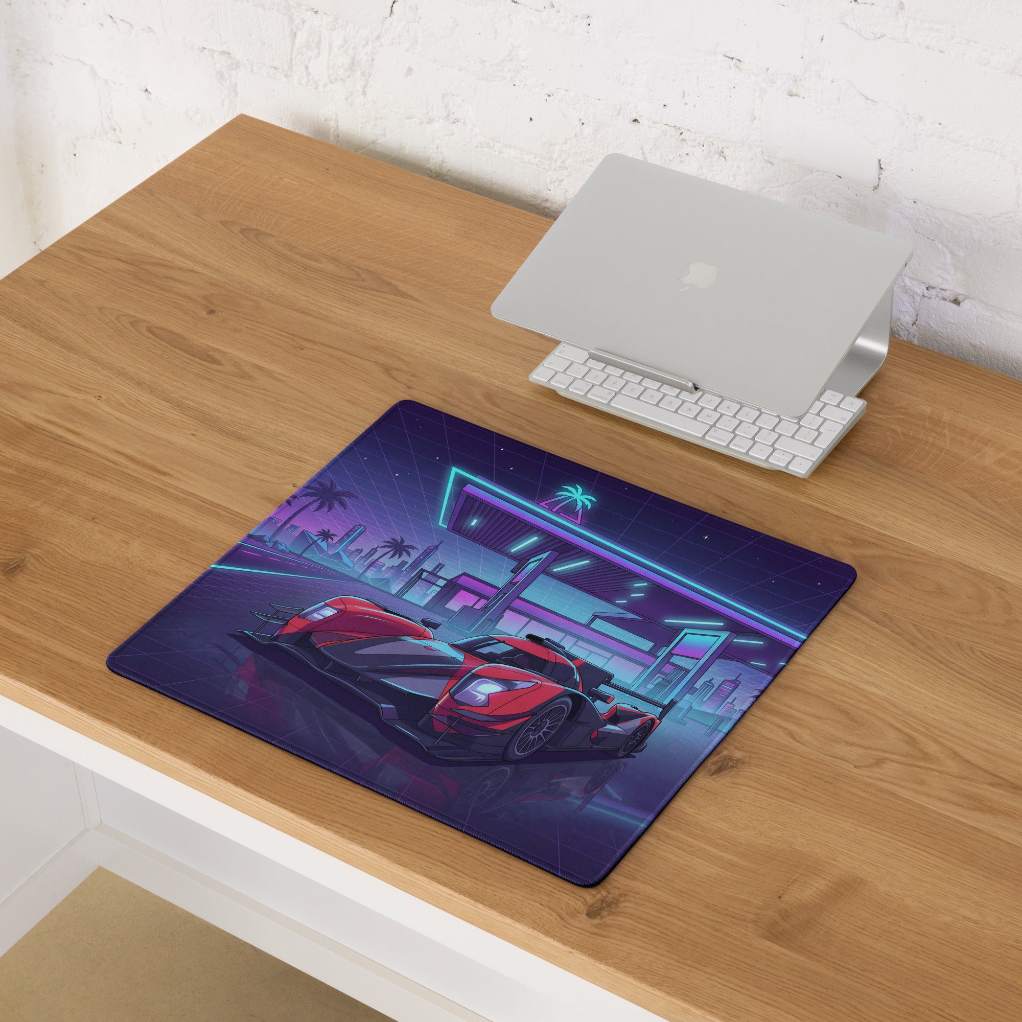 Cadillac V-Series.R Inspired Red Black Vaporwave Gaming Mouse Pad – Neon Retro Gas Station Desk Mat, Futuristic Le Mans Hypercar Digital Art
