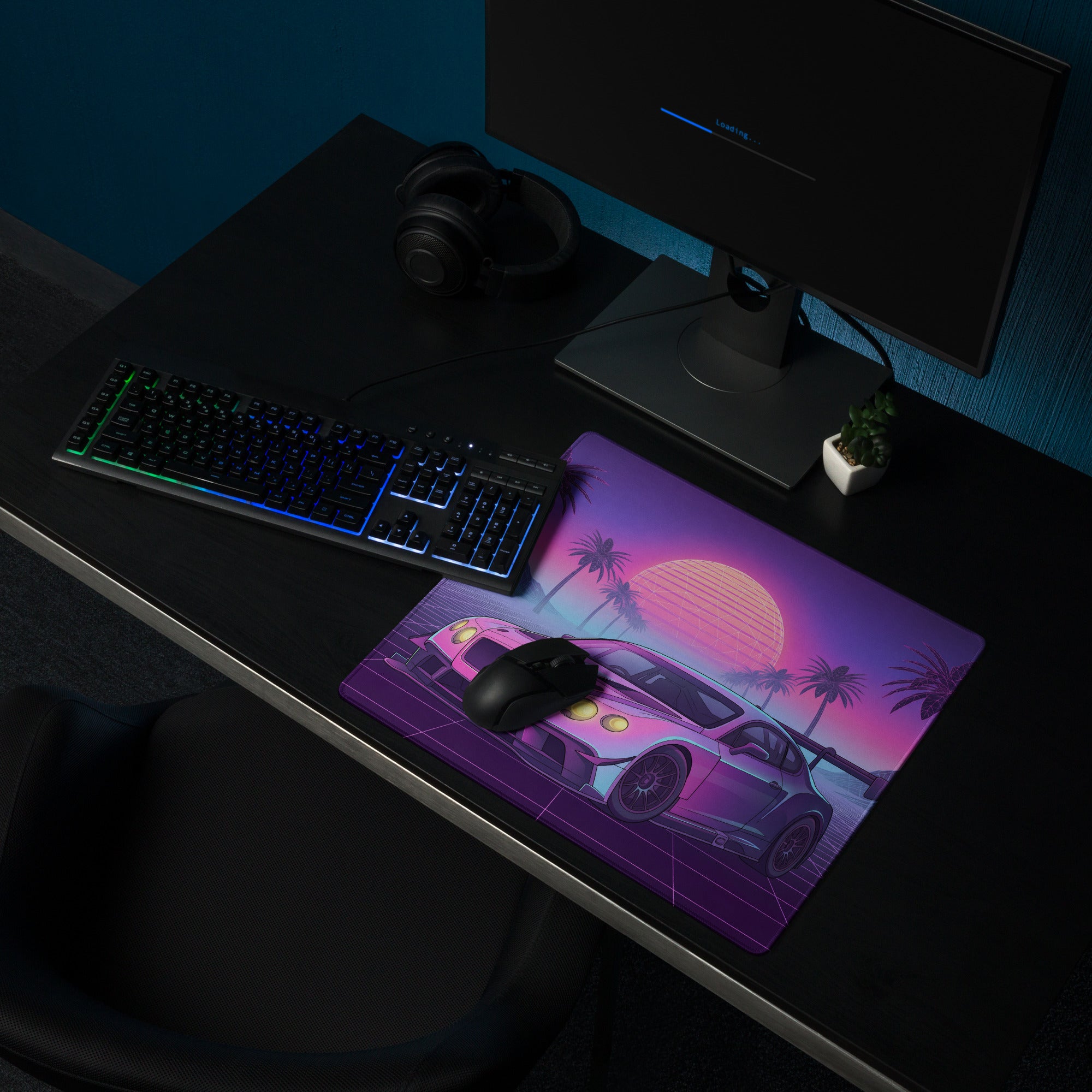 Bentley Continental GT3 Inspired Pink Purple Vaporwave Gaming Mouse Pad – Neon Sunset Grid Desk Mat, Retro Futuristic Racing Car Digital Art
