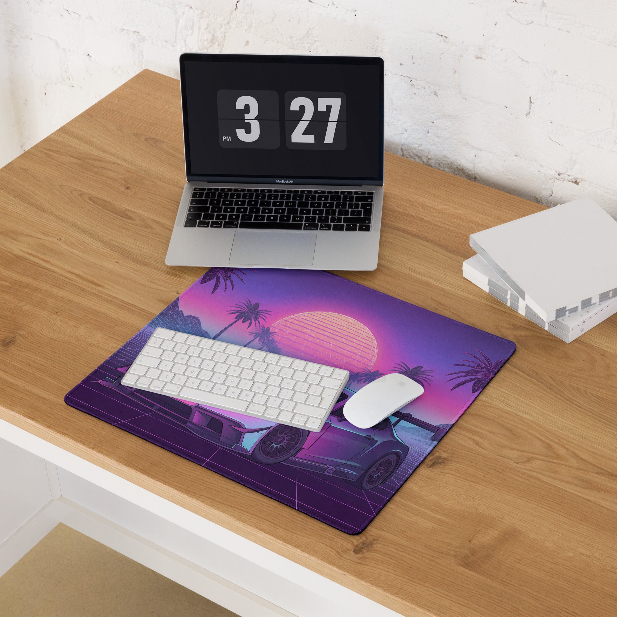 Bentley Continental GT3 Inspired Pink Purple Vaporwave Gaming Mouse Pad – Neon Sunset Grid Desk Mat, Retro Futuristic Racing Car Digital Art