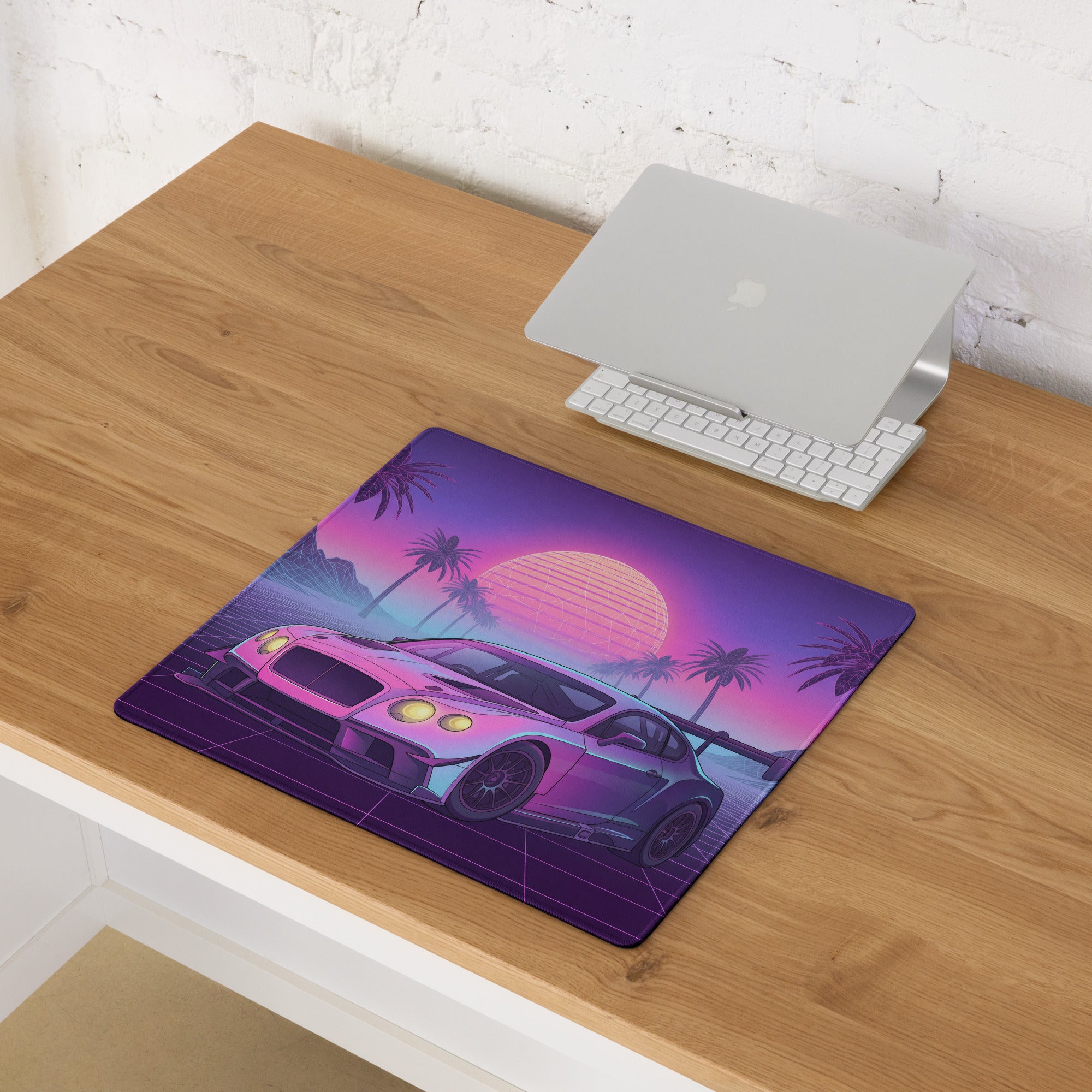 Bentley Continental GT3 Inspired Pink Purple Vaporwave Gaming Mouse Pad – Neon Sunset Grid Desk Mat, Retro Futuristic Racing Car Digital Art