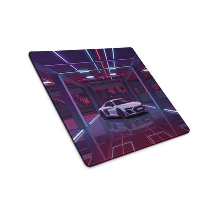 Audi R8 Inspired White Purple Vaporwave Gaming Mouse Pad – Neon Cyber Garage Desk Mat, Retro Futuristic Supercar Digital Art