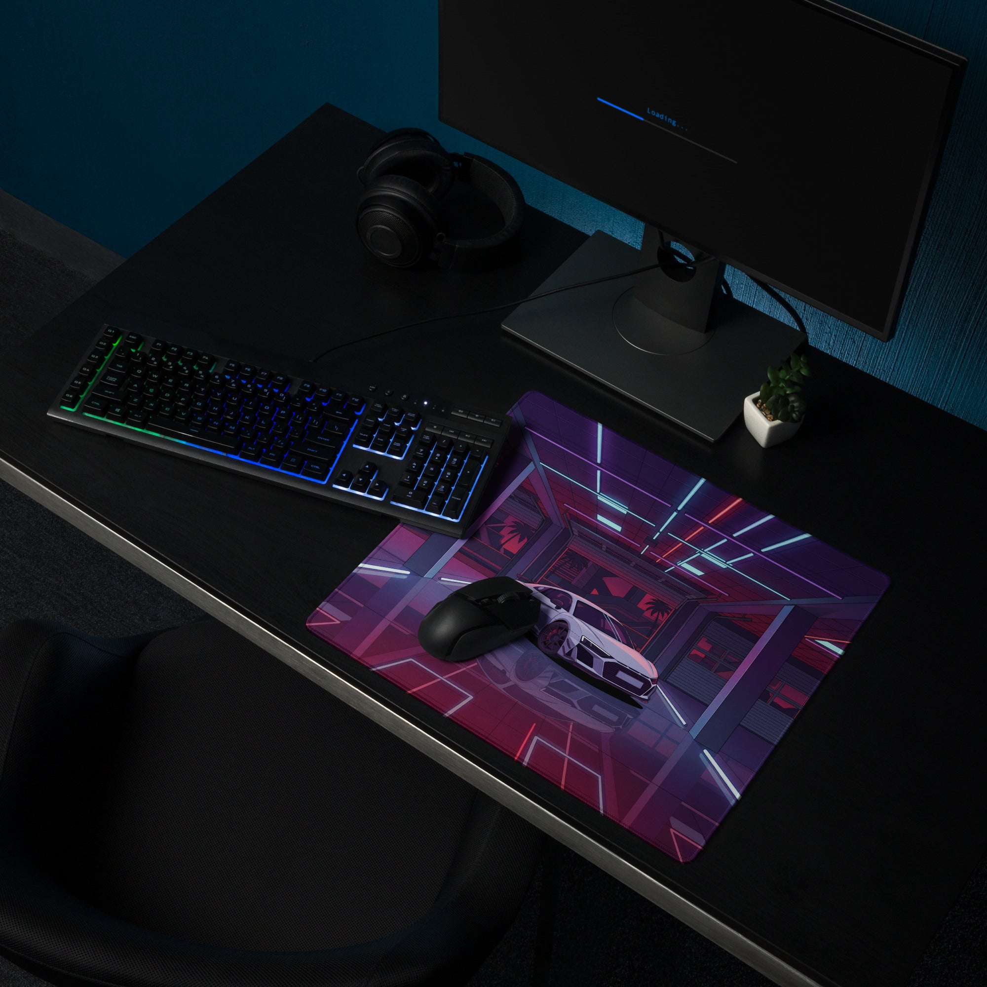 Audi R8 Inspired White Purple Vaporwave Gaming Mouse Pad – Neon Cyber Garage Desk Mat, Retro Futuristic Supercar Digital Art