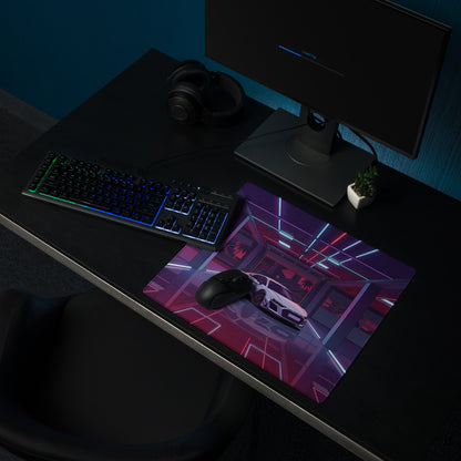 Audi R8 Inspired White Purple Vaporwave Gaming Mouse Pad – Neon Cyber Garage Desk Mat, Retro Futuristic Supercar Digital Art
