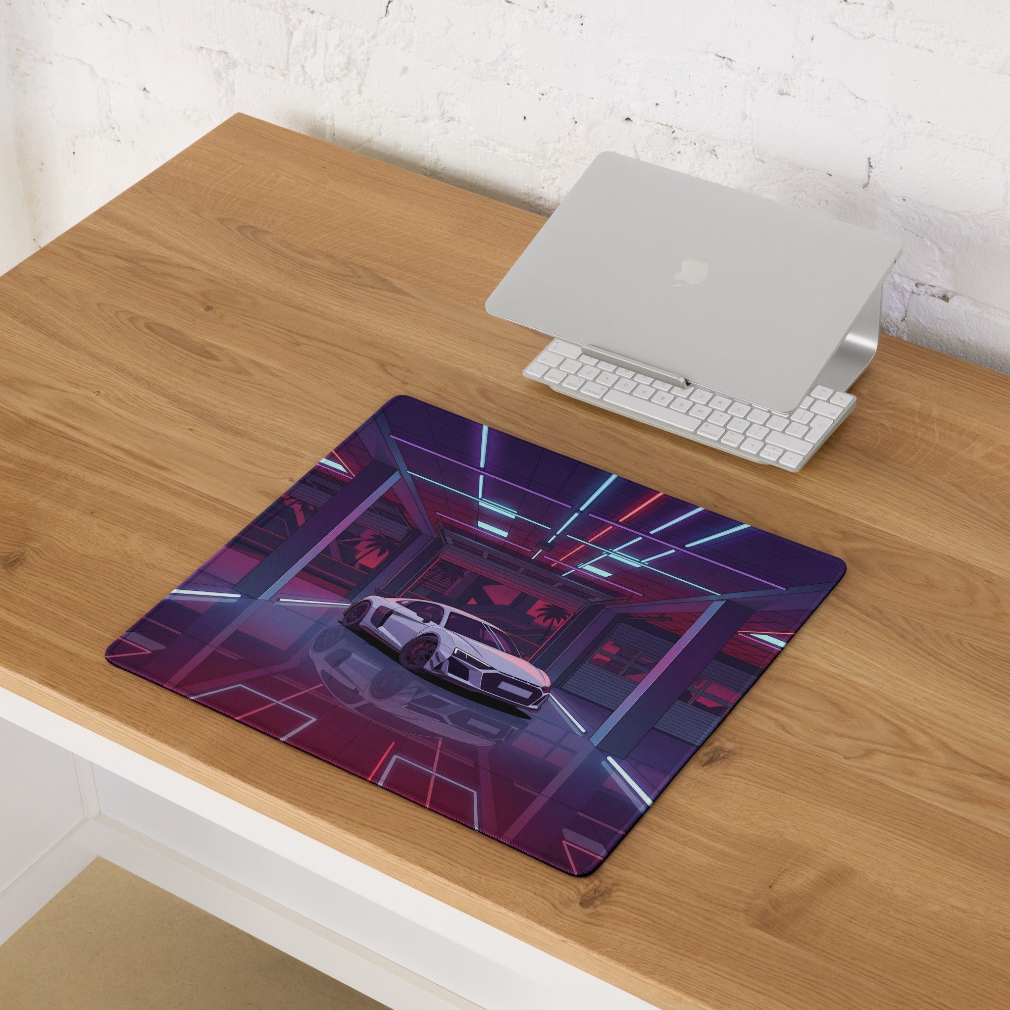 Audi R8 Inspired White Purple Vaporwave Gaming Mouse Pad – Neon Cyber Garage Desk Mat, Retro Futuristic Supercar Digital Art