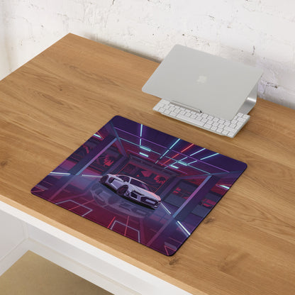 Audi R8 Inspired White Purple Vaporwave Gaming Mouse Pad – Neon Cyber Garage Desk Mat, Retro Futuristic Supercar Digital Art