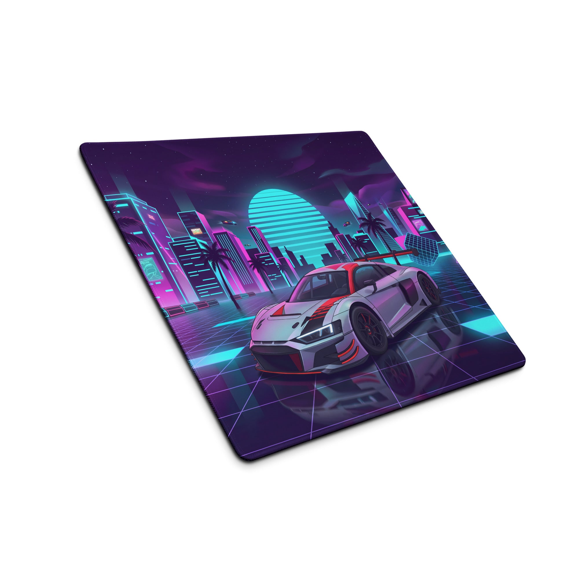 Audi R8 LMS GT3 Inspired White Red Vaporwave Gaming Mouse Pad – Neon Cyber City Desk Mat, Retro Futuristic Racing Car Digital Art