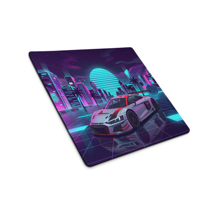 Audi R8 LMS GT3 Inspired White Red Vaporwave Gaming Mouse Pad – Neon Cyber City Desk Mat, Retro Futuristic Racing Car Digital Art