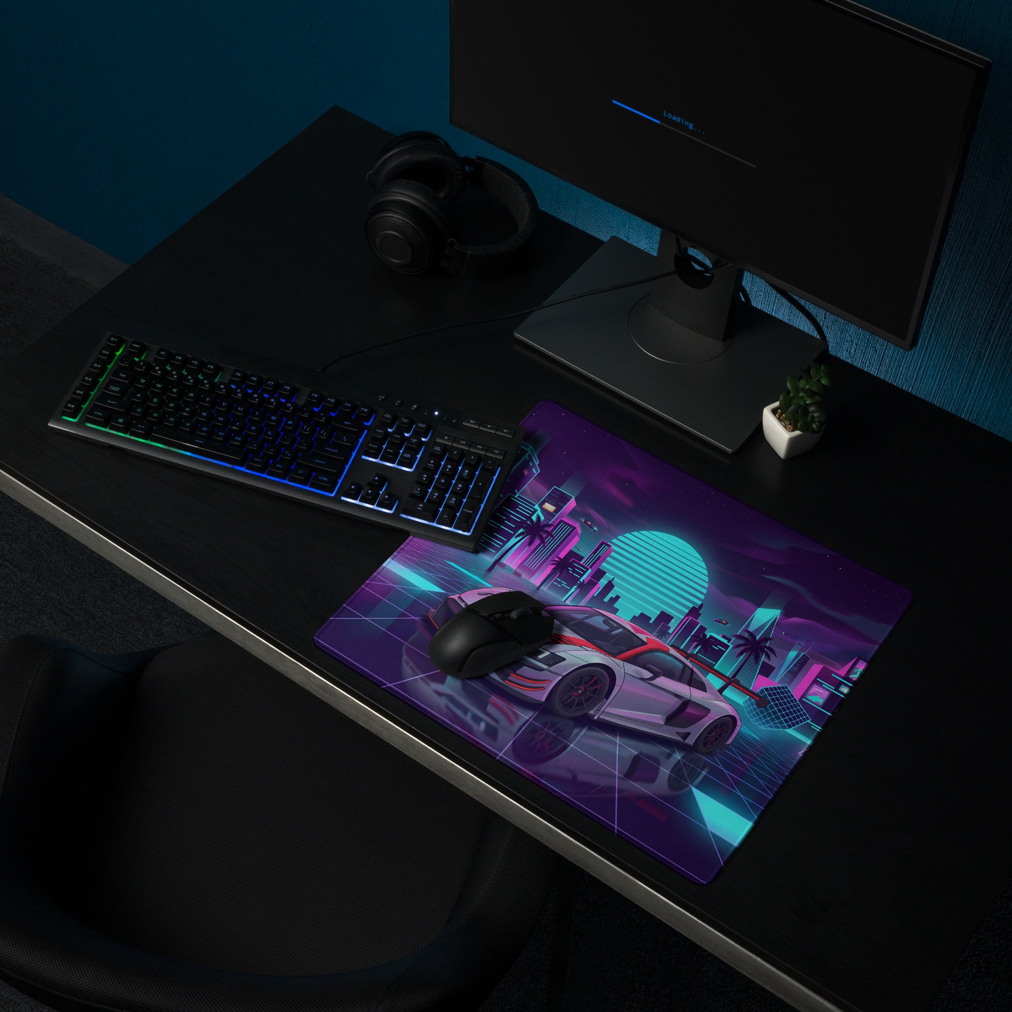 Audi R8 LMS GT3 Inspired White Red Vaporwave Gaming Mouse Pad – Neon Cyber City Desk Mat, Retro Futuristic Racing Car Digital Art