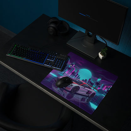 Audi R8 LMS GT3 Inspired White Red Vaporwave Gaming Mouse Pad – Neon Cyber City Desk Mat, Retro Futuristic Racing Car Digital Art