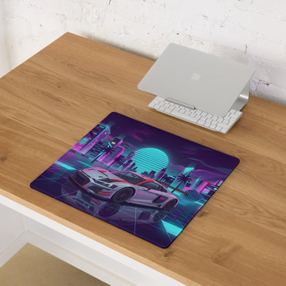 Audi R8 LMS GT3 Inspired White Red Vaporwave Gaming Mouse Pad – Neon Cyber City Desk Mat, Retro Futuristic Racing Car Digital Art