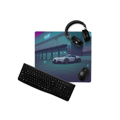 Bugatti Chiron Inspired Silver Teal Vaporwave Gaming Mouse Pad – Neon Industrial Garage Desk Mat, Moody Futuristic Hypercar Digital Art