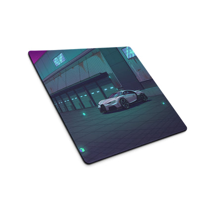 Bugatti Chiron Inspired Silver Teal Vaporwave Gaming Mouse Pad – Neon Industrial Garage Desk Mat, Moody Futuristic Hypercar Digital Art