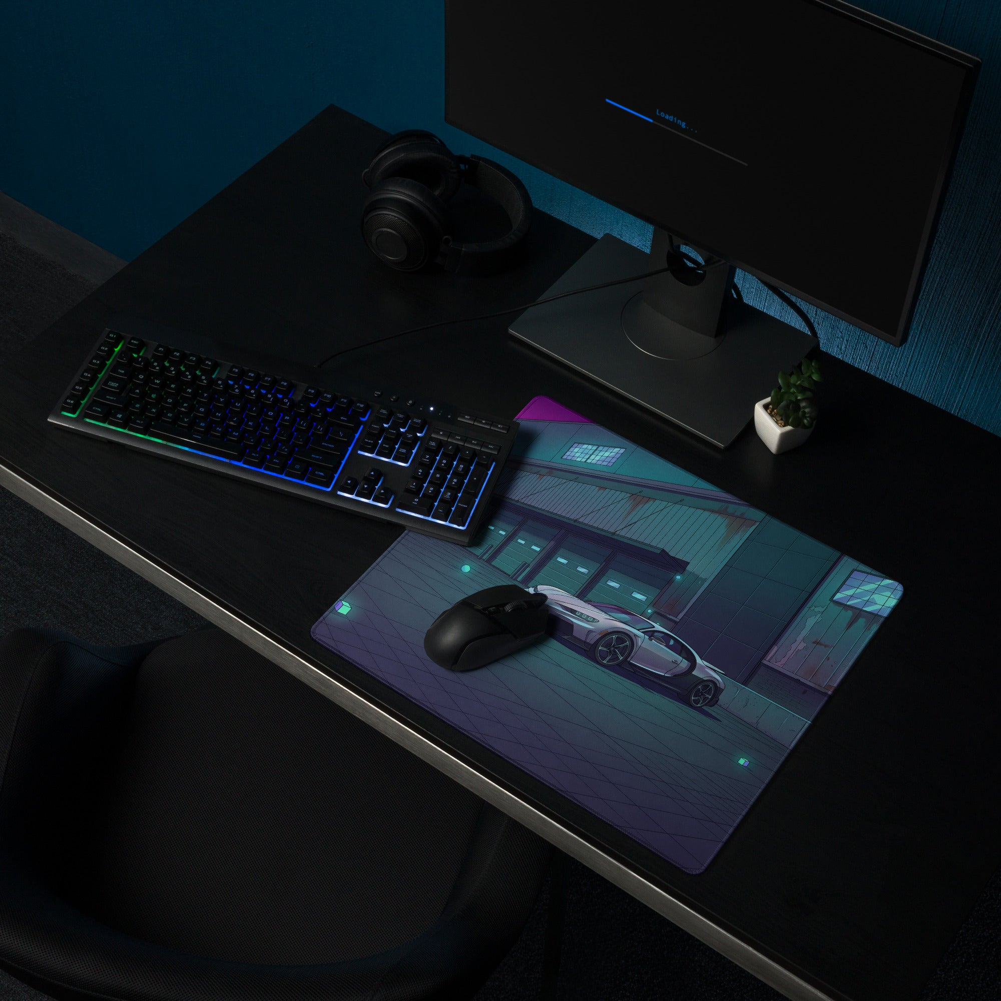Bugatti Chiron Inspired Silver Teal Vaporwave Gaming Mouse Pad – Neon Industrial Garage Desk Mat, Moody Futuristic Hypercar Digital Art