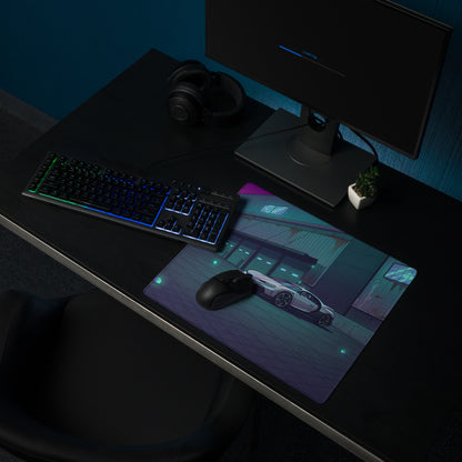 Bugatti Chiron Inspired Silver Teal Vaporwave Gaming Mouse Pad – Neon Industrial Garage Desk Mat, Moody Futuristic Hypercar Digital Art