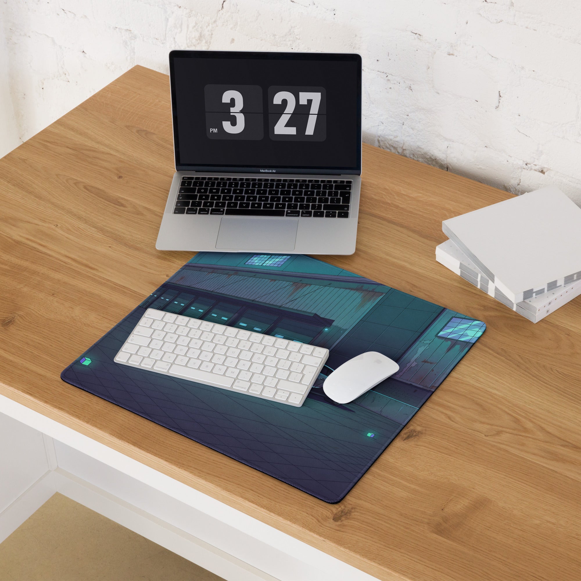 Bugatti Chiron Inspired Silver Teal Vaporwave Gaming Mouse Pad – Neon Industrial Garage Desk Mat, Moody Futuristic Hypercar Digital Art