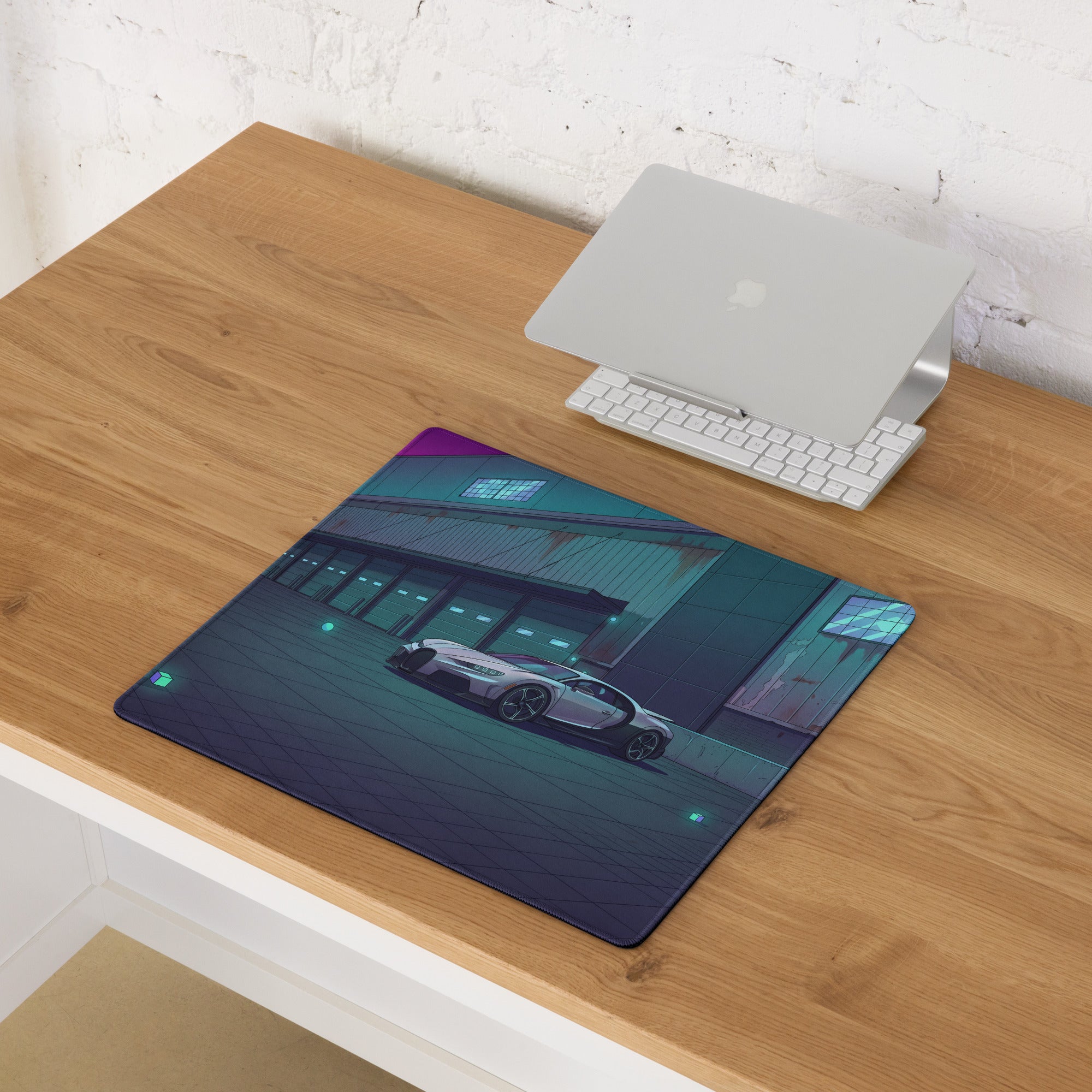 Bugatti Chiron Inspired Silver Teal Vaporwave Gaming Mouse Pad – Neon Industrial Garage Desk Mat, Moody Futuristic Hypercar Digital Art