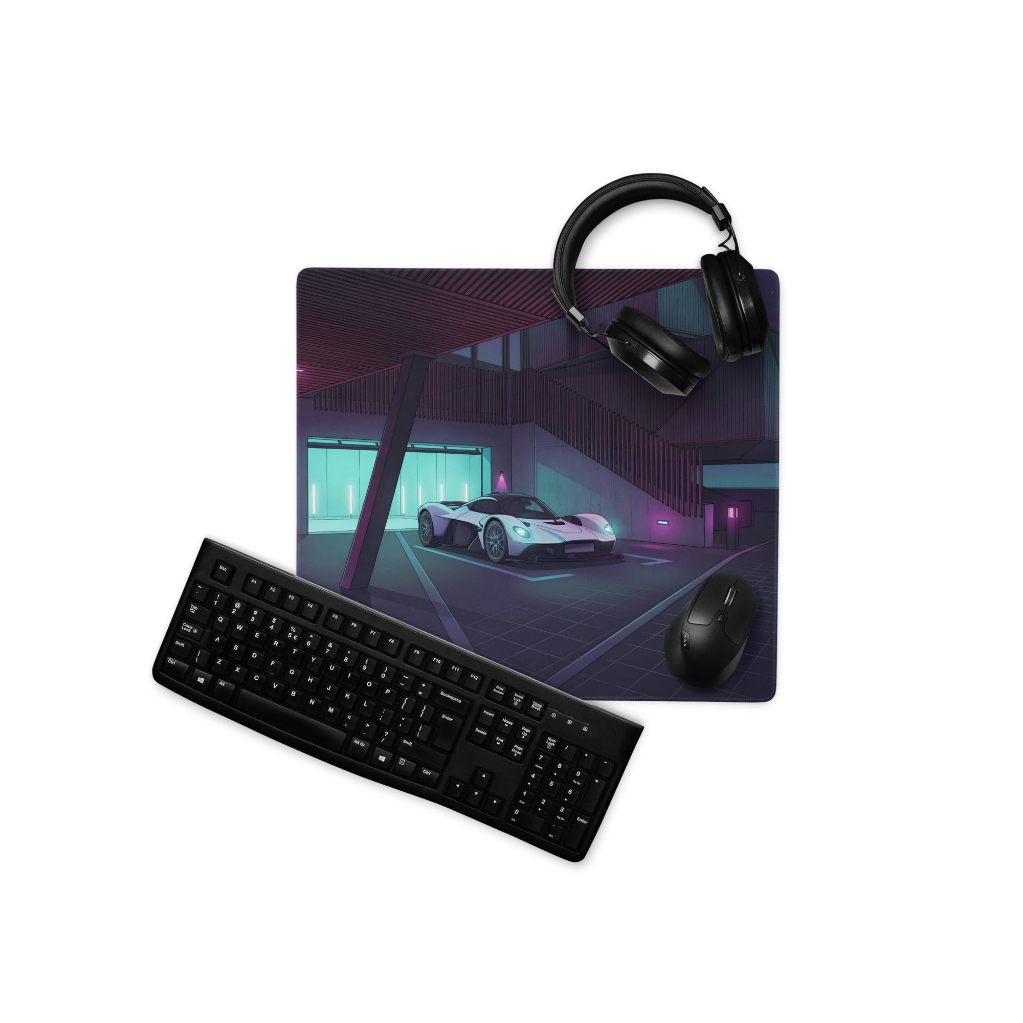 Aston Martin Valkyrie Inspired White Teal Vaporwave Gaming Mouse Pad – Neon Luxury Garage Desk Mat, Moody Futuristic Hypercar Digital Art