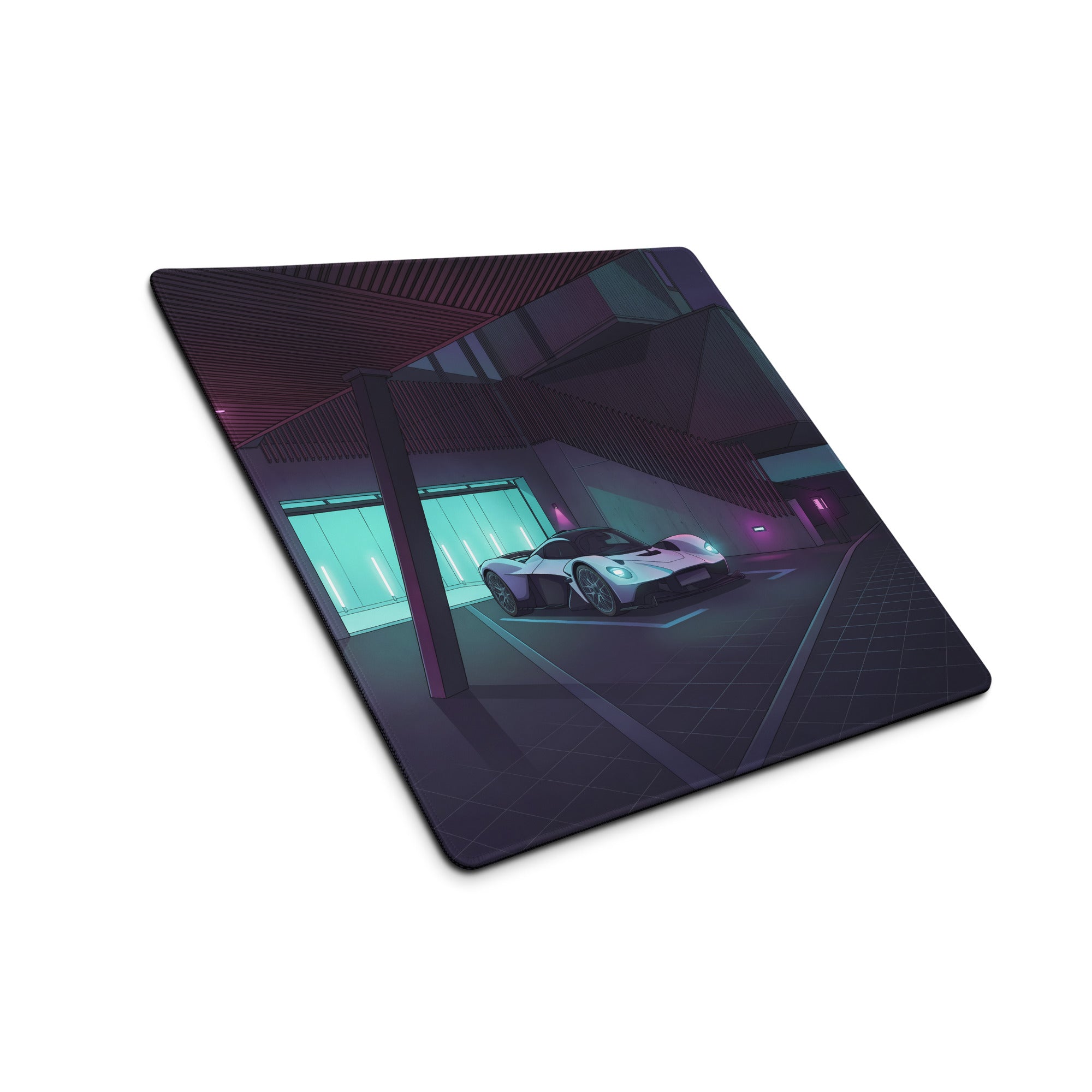 Aston Martin Valkyrie Inspired White Teal Vaporwave Gaming Mouse Pad – Neon Luxury Garage Desk Mat, Moody Futuristic Hypercar Digital Art