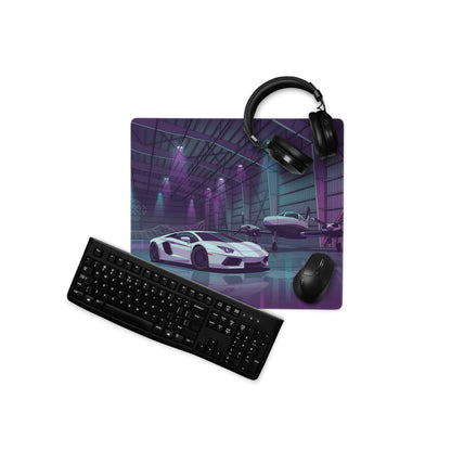 Lamborghini Aventador Inspired White Purple Vaporwave Gaming Mouse Pad – Neon Aircraft Hangar Desk Mat, Retro Futuristic Supercar Digital Art