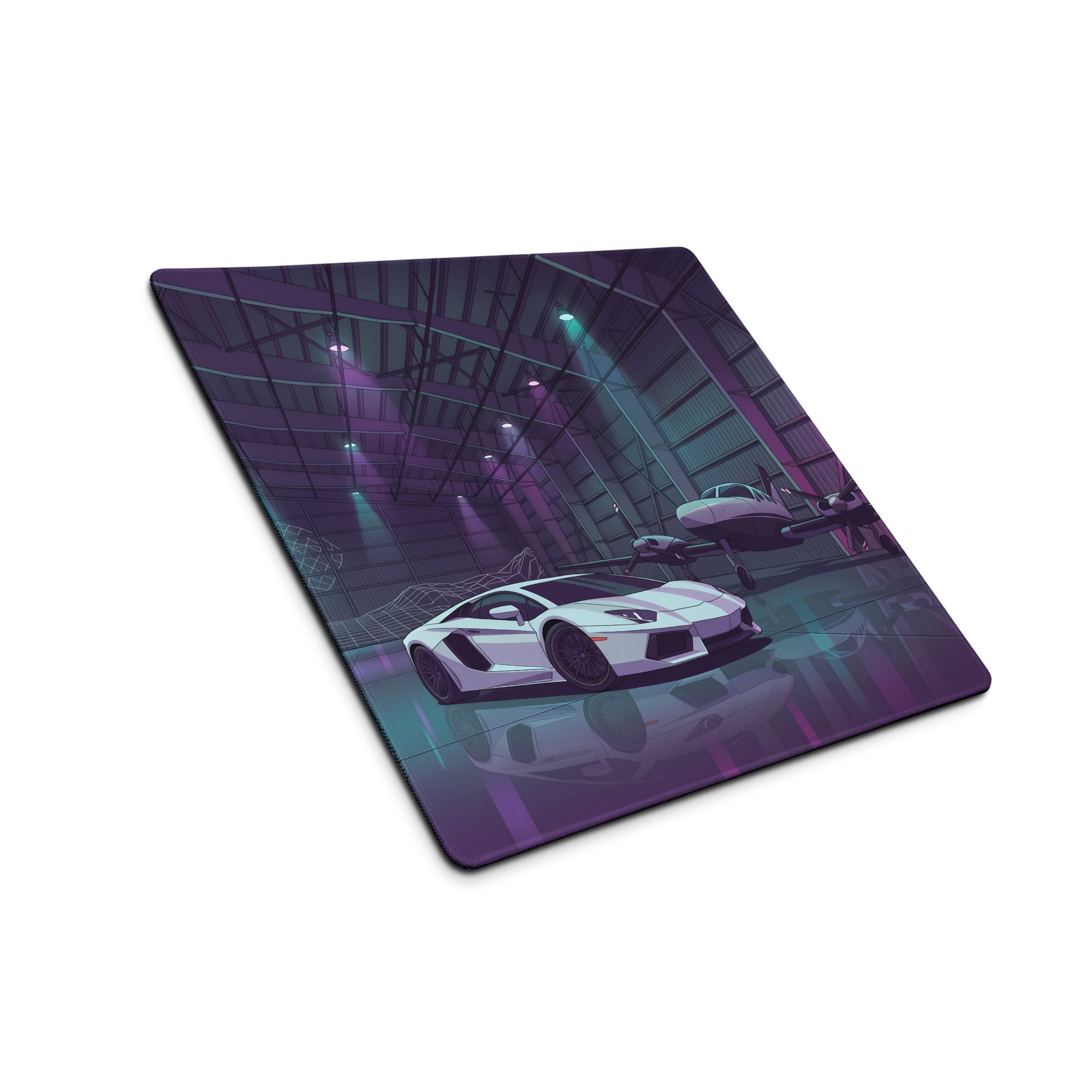 Lamborghini Aventador Inspired White Purple Vaporwave Gaming Mouse Pad – Neon Aircraft Hangar Desk Mat, Retro Futuristic Supercar Digital Art