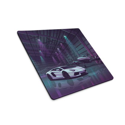 Lamborghini Aventador Inspired White Purple Vaporwave Gaming Mouse Pad – Neon Aircraft Hangar Desk Mat, Retro Futuristic Supercar Digital Art