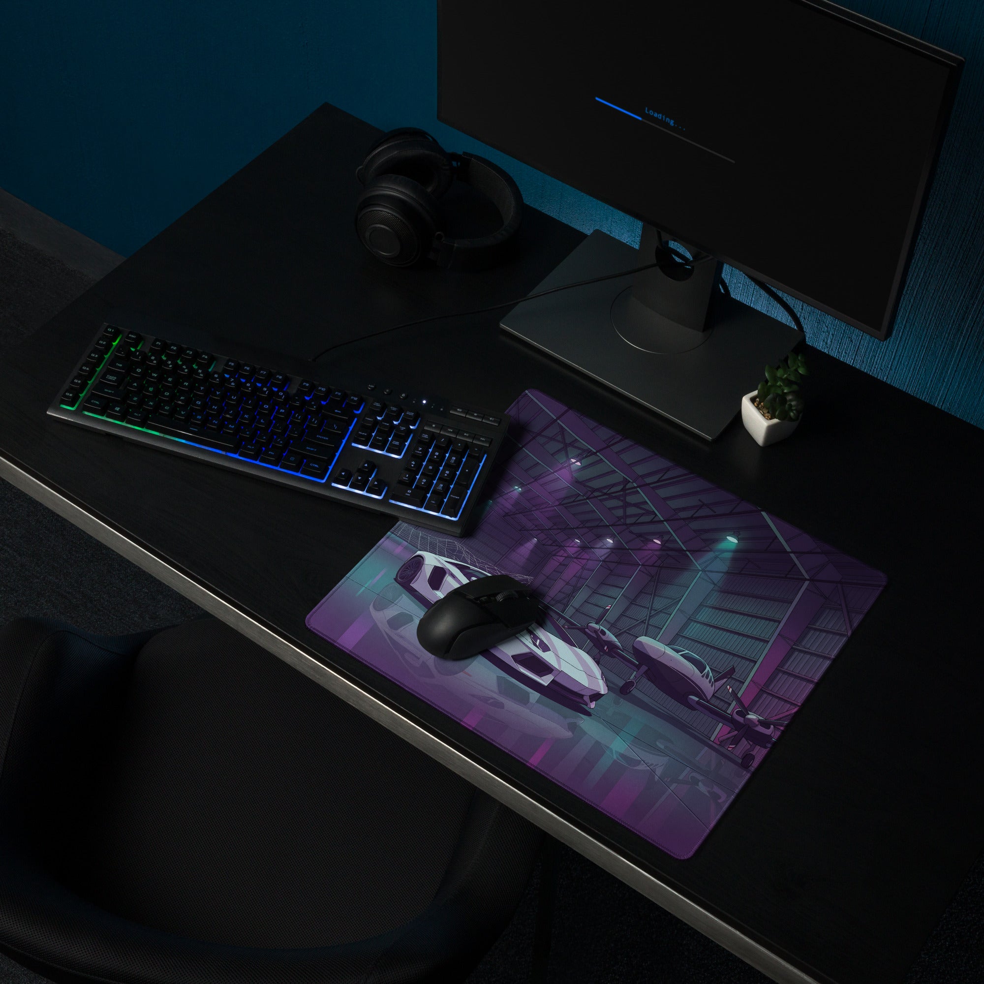 Lamborghini Aventador Inspired White Purple Vaporwave Gaming Mouse Pad – Neon Aircraft Hangar Desk Mat, Retro Futuristic Supercar Digital Art