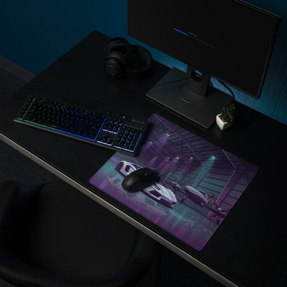 Lamborghini Aventador Inspired White Purple Vaporwave Gaming Mouse Pad – Neon Aircraft Hangar Desk Mat, Retro Futuristic Supercar Digital Art