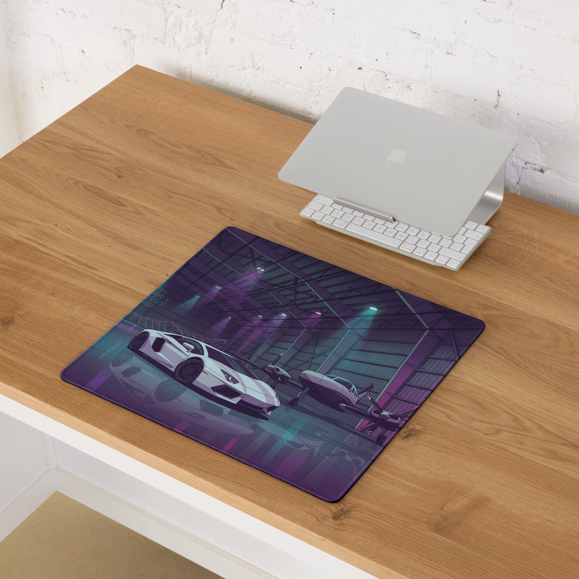 Lamborghini Aventador Inspired White Purple Vaporwave Gaming Mouse Pad – Neon Aircraft Hangar Desk Mat, Retro Futuristic Supercar Digital Art
