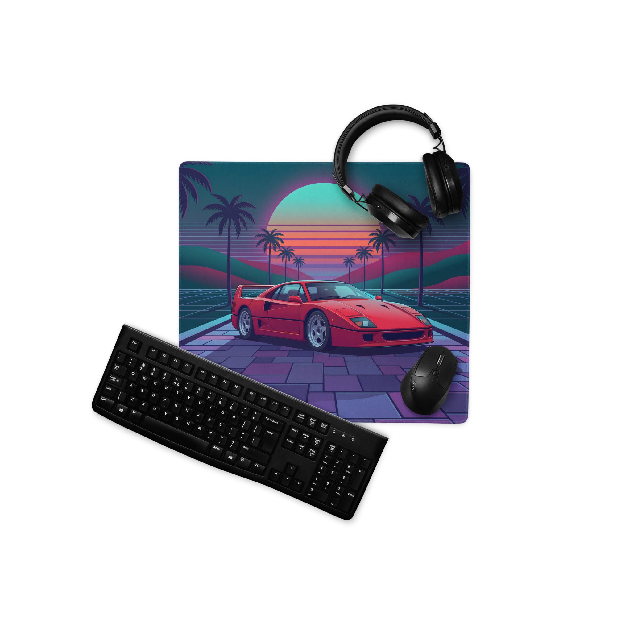 Ferrari F40 Inspired Red Teal Vaporwave Gaming Mouse Pad – Neon Palm Sunset Desk Mat, Retro Futuristic Supercar Digital Art
