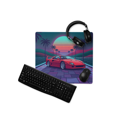 Ferrari F40 Inspired Red Teal Vaporwave Gaming Mouse Pad – Neon Palm Sunset Desk Mat, Retro Futuristic Supercar Digital Art