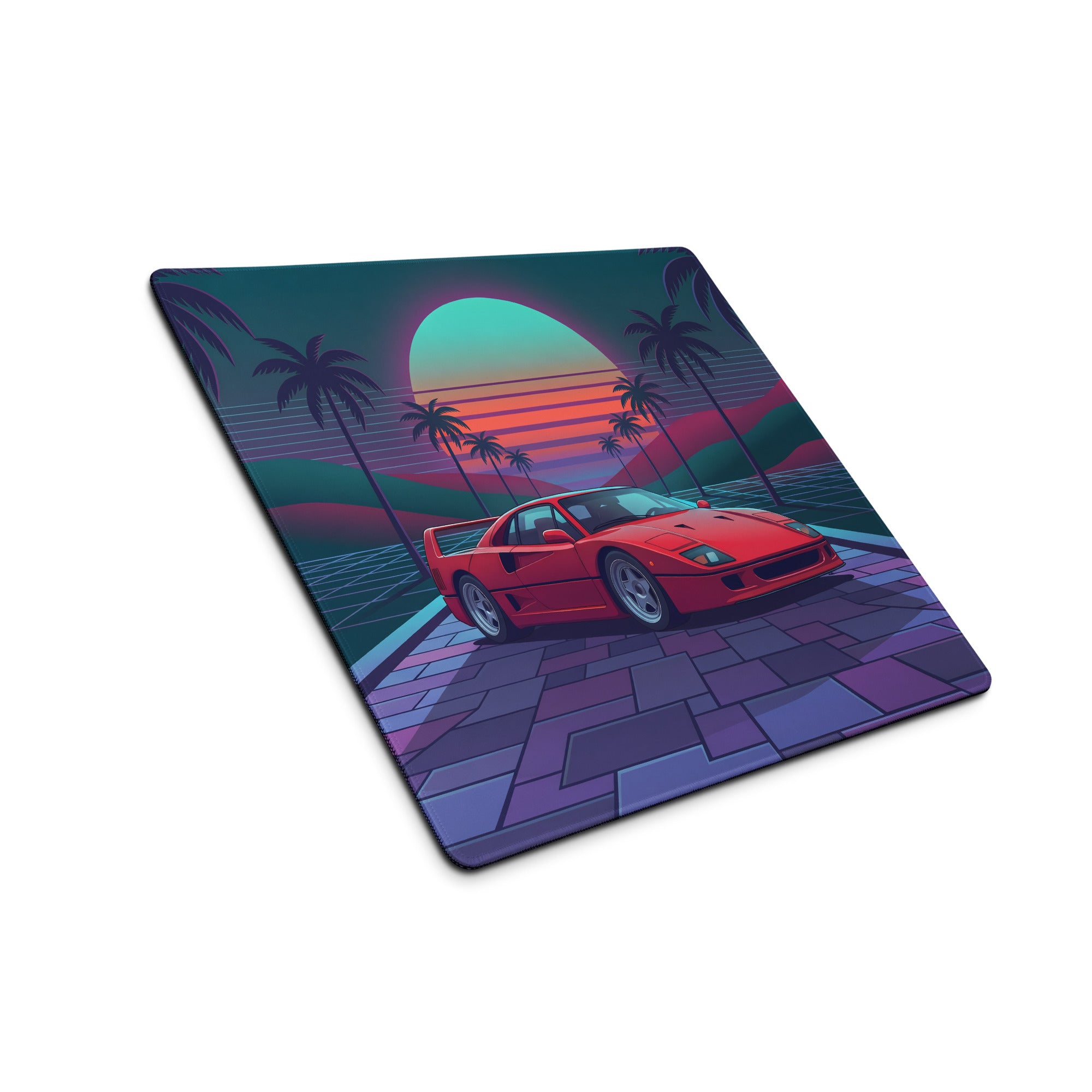 Ferrari F40 Inspired Red Teal Vaporwave Gaming Mouse Pad – Neon Palm Sunset Desk Mat, Retro Futuristic Supercar Digital Art