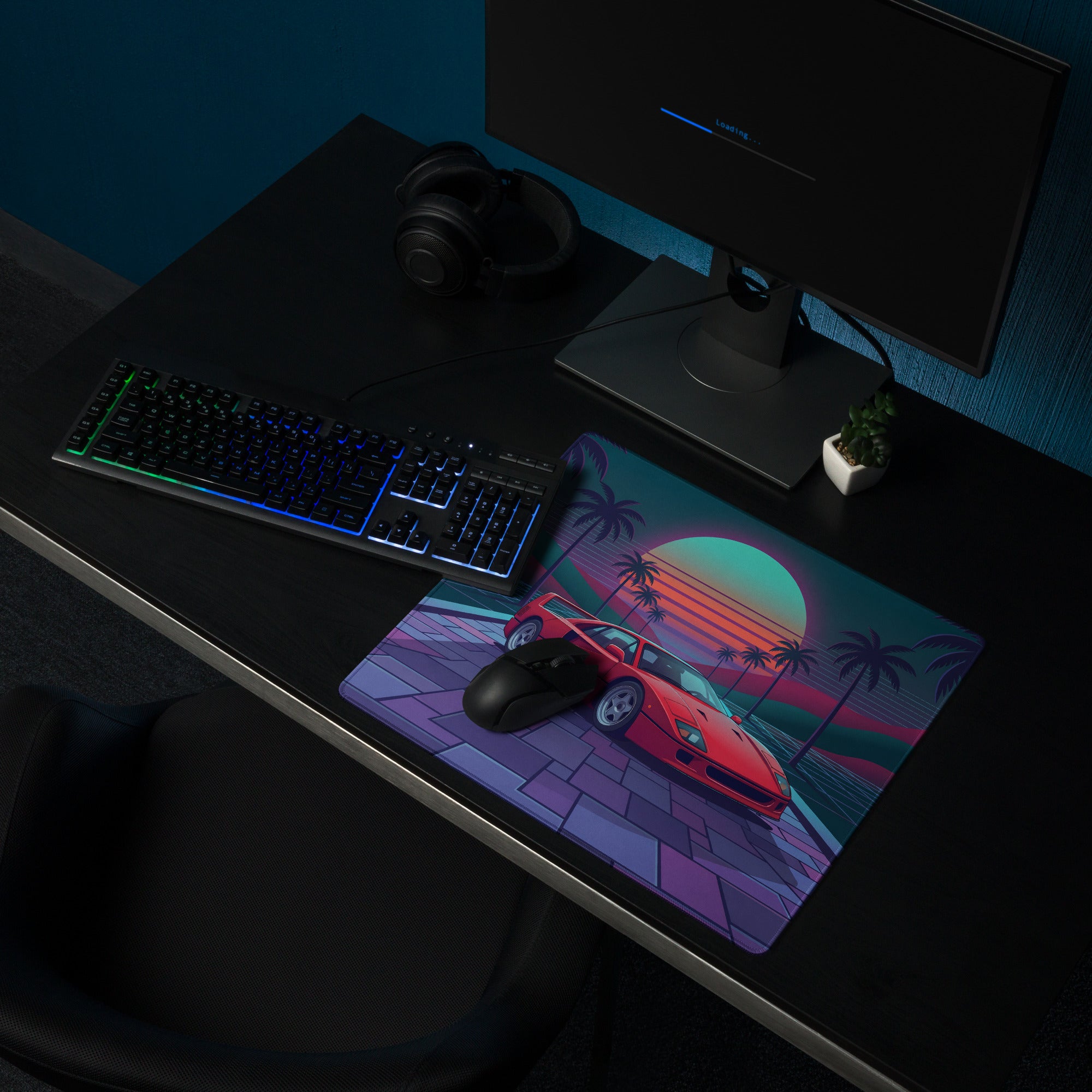 Ferrari F40 Inspired Red Teal Vaporwave Gaming Mouse Pad – Neon Palm Sunset Desk Mat, Retro Futuristic Supercar Digital Art