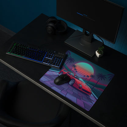 Ferrari F40 Inspired Red Teal Vaporwave Gaming Mouse Pad – Neon Palm Sunset Desk Mat, Retro Futuristic Supercar Digital Art
