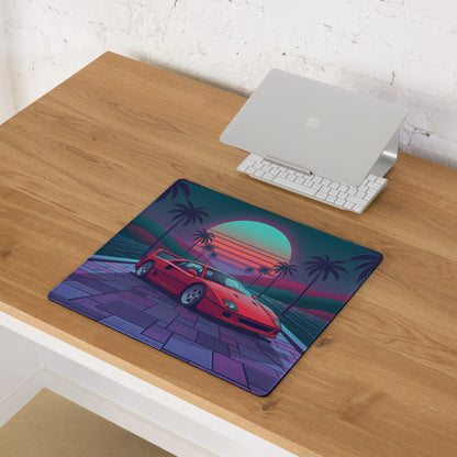 Ferrari F40 Inspired Red Teal Vaporwave Gaming Mouse Pad – Neon Palm Sunset Desk Mat, Retro Futuristic Supercar Digital Art